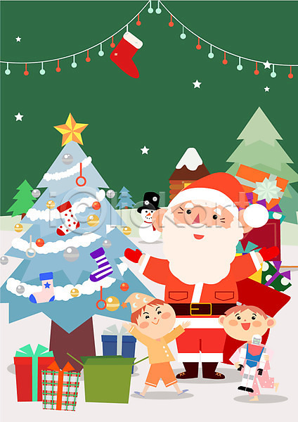 남자 노년 성인 세명 어린이 AI(파일형식) 일러스트 가족 나무 눈사람 별 산타클로스 선물상자 양말 장난감 크리스마스 크리스마스장식 크리스마스트리