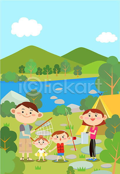 남자 성인 어린이 여러명 여자 AI(파일형식) 일러스트 가족 구름(자연) 구명조끼 그물 나무 낚싯대 돌 산 야외 주간 캠핑 텐트 튜브