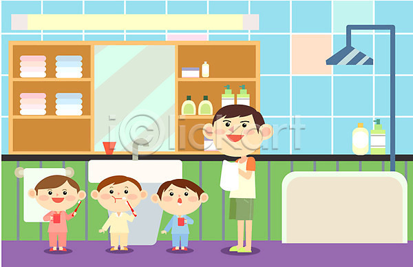 남자 성인 어린이 여러명 AI(파일형식) 일러스트 가족 거울 수건 실내 양치 욕실 위생용품 칫솔