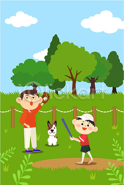 남자 두명 성인 어린이 AI(파일형식) 일러스트 가족 강아지 구름(자연) 나무 야구 야구공 야구방망이 야외 울타리 주간