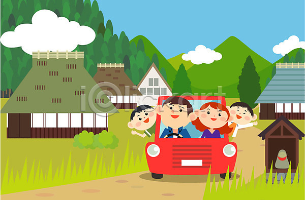 남자 성인 어린이 여러명 여자 AI(파일형식) 일러스트 가족 구름(자연) 드라이브 산 야외 일본문화 자동차 주간 주택