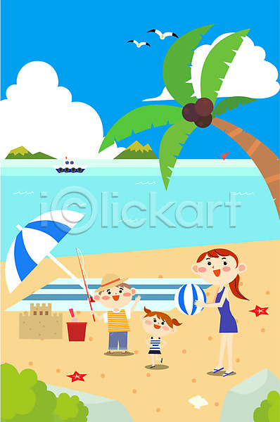 남자 성인 세명 어린이 여자 AI(파일형식) 일러스트 가족 갈매기 구름(자연) 낚싯대 모래성 바다 바캉스 불가사리 비치볼 섬 야외 야자수 여름휴가 주간 파라솔 항구 해변