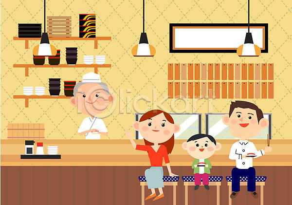 남자 노년 성인 어린이 여러명 여자 AI(파일형식) 일러스트 가족 선반 식기 식당 실내 요리사 요리사모자 일본음식 일식집 조리복 초밥