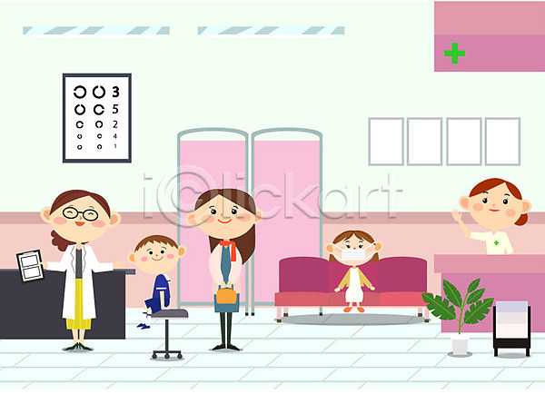 남자 성인 어린이 여러명 여자 AI(파일형식) 일러스트 가족 간호사 병원 서류판 소파 시력검사표 실내 의사 의자 진료 책상 화분