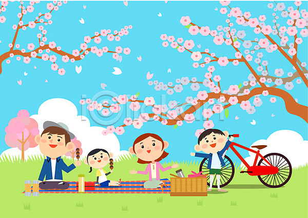 남자 성인 어린이 여러명 여자 일러스트 가족 구름(자연) 나무 당고 도시락 돗자리 벚꽃 봄 봄소풍 야외 자전거 주간