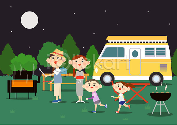 남자 성인 어린이 여러명 여자 AI(파일형식) 일러스트 가족 굽기 나무 달 바베큐그릴 식탁 야간 야외 캠핑 캠핑카