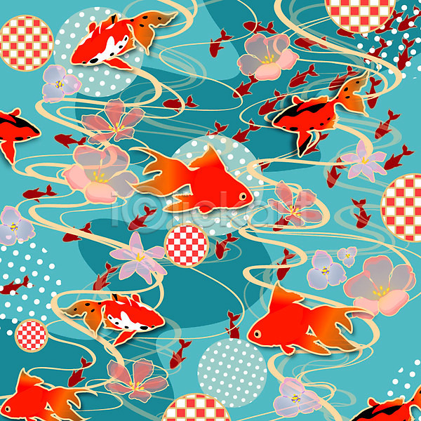 사람없음 AI(파일형식) 일러스트 금붕어 꽃 꽃무늬 꽃백그라운드 문양 물방울 백그라운드 식물패턴 여름(계절) 일본전통 자연문양 패턴 플라워패턴