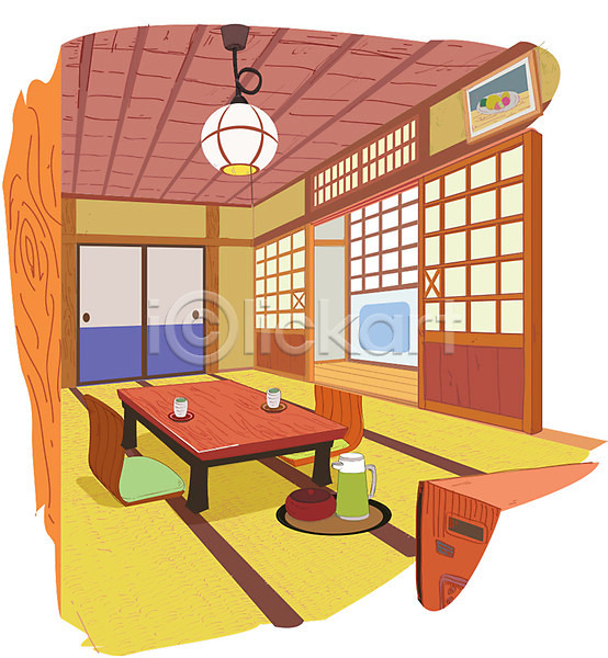 사람없음 AI(파일형식) 일러스트 문 방 방석 백그라운드 실내 액자 일본 일본문화 조명 좌식의자 찻잔 탁자