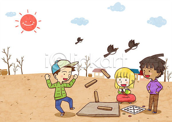 지구촌 함께함 남자 세명 어린이 여자 PSD 일러스트 구름(자연) 까치 나무 야외 윷놀이 윷판 주간 주택 태양 한복 항아리