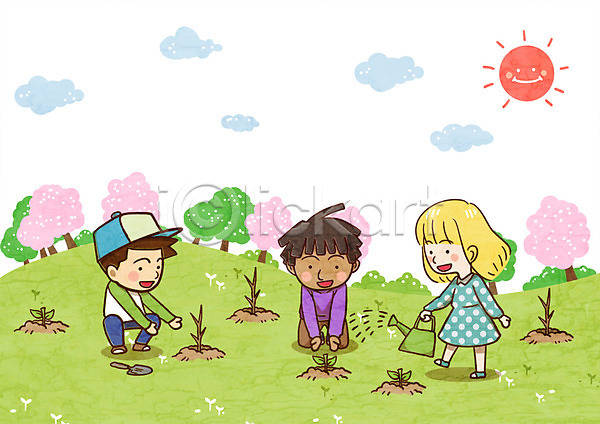 지구촌 함께함 남자 세명 어린이 여자 PSD 일러스트 구름(자연) 나무 나무심기 모종삽 묘목 물뿌리개 새싹 식목일 야외 주간 태양