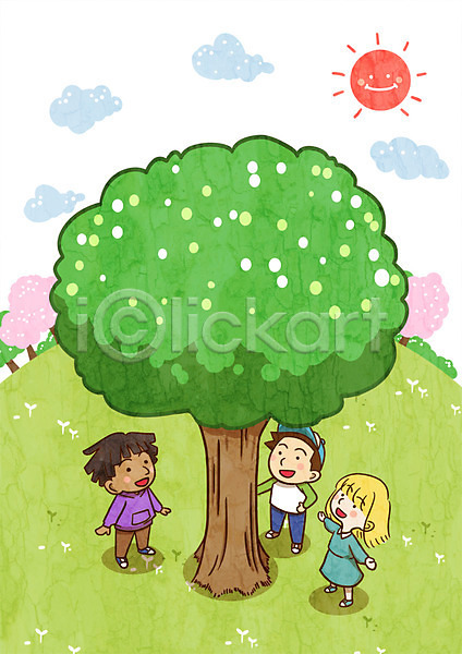 지구촌 함께함 남자 세명 어린이 여자 PSD 일러스트 구름(자연) 나무 식목일 야외 주간 태양
