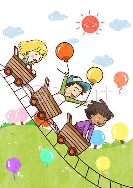 지구촌 함께함 남자 세명 어린이 여자 PSD 일러스트 구름(자연) 나무 놀이공원 롤러코스터 야외 어린이날 주간 태양 풍선