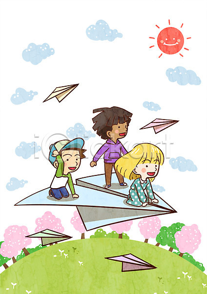 지구촌 함께함 남자 세명 어린이 여자 PSD 일러스트 구름(자연) 나무 비행 야외 어린이날 종이비행기 주간 태양