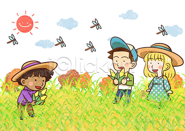 지구촌 함께함 남자 세명 어린이 여자 PSD 일러스트 가을(계절) 구름(자연) 나무 모자(잡화) 야외 옥수수 옥수수밭 입추 잠자리 주간 태양
