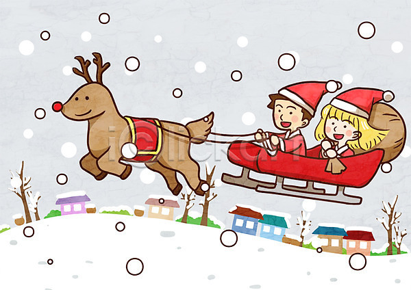 남자 두명 어린이 여자 PSD 일러스트 겨울 나무 눈 루돌프 보따리 산타옷 썰매 주택 크리스마스