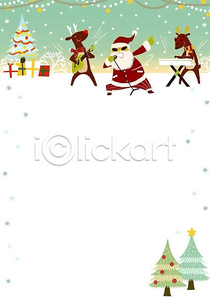 소통 순수 즐거움 함께함 남자 노년 성인 한명 PSD 일러스트 겨울 공연 기타 나무 눈송이 동물 루돌프 마이크 밴드(음악) 산타클로스 선물상자 연주 크리스마스 크리스마스트리 키보드
