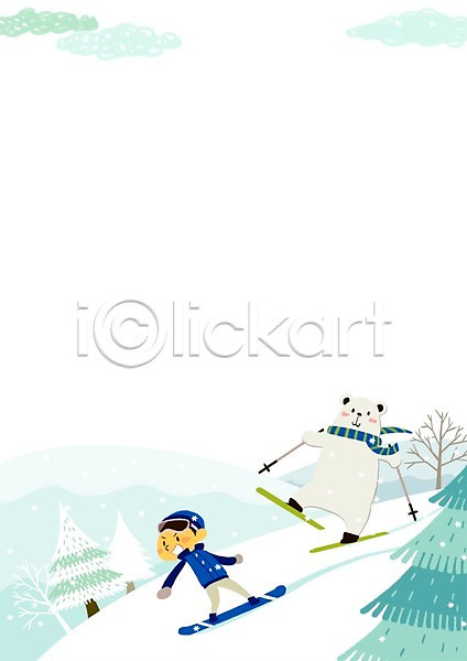 소통 순수 즐거움 함께함 남자 어린이 한명 PSD 일러스트 겨울 겨울스포츠 고글 곰 구름(자연) 나무 눈 눈송이 동물 목도리 백곰 스노우보드 스키 스포츠 폴
