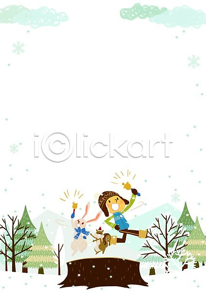 소통 순수 즐거움 함께함 남자 어린이 한명 PSD 일러스트 겨울 나무 나무밑둥 눈송이 다람쥐 동물 목도리 산 야외 털모자 토끼 핸드벨
