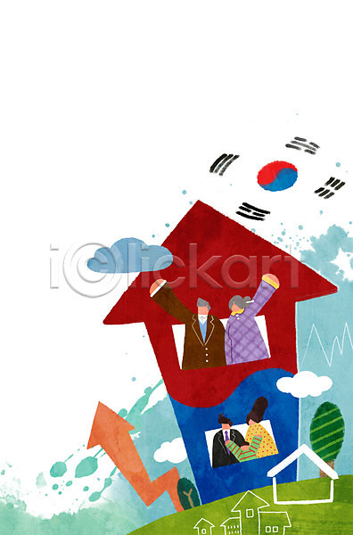 남자 성인 어린이 여러명 여자 PSD 일러스트 가정 가족 구름(자연) 나무 집모양 태극기 파이팅 한국 화살표