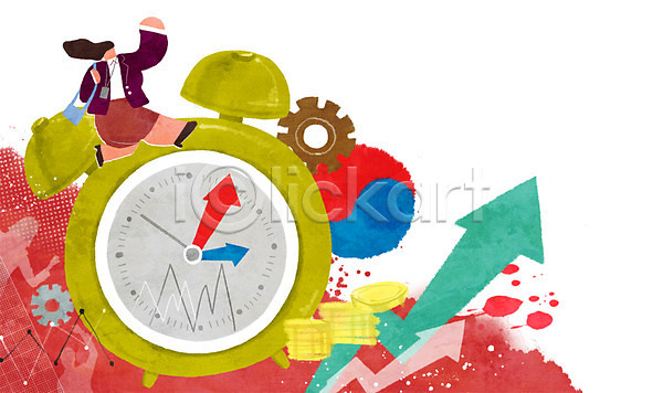 성인 여자 한명 PSD 일러스트 가방 달리기 동전 비즈니스 비즈니스우먼 시계 자명종 태극기 톱니바퀴 파이팅 한국 화살표