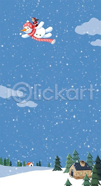 감성 상상 성인 여자 한명 PSD 상상일러스트 일러스트 겨울 겨울배경 계절 계절백그라운드 구름(자연) 나무 눈 눈사람 목도리 비행 야외 자연 주간 주택 털모자 판타지