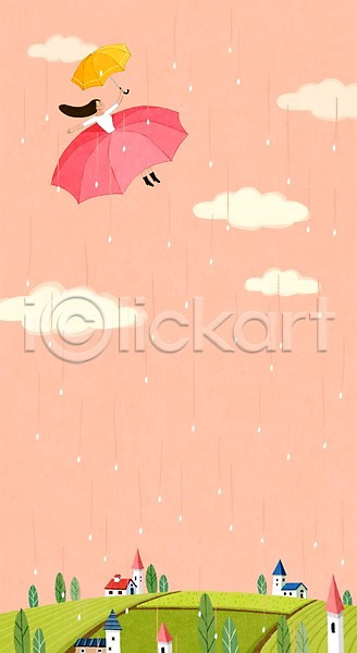 감성 상상 성인 여자 한명 PSD 상상일러스트 일러스트 계절 계절백그라운드 구름(자연) 나무 논 마을 비 야외 여름(계절) 우산 자연 주간 주택 판타지