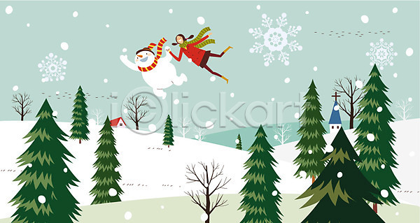 어린이 여자 한명 AI(파일형식) 일러스트 교회 나무 눈사람 눈송이 목도리 비행 야외 주간 주택 크리스마스
