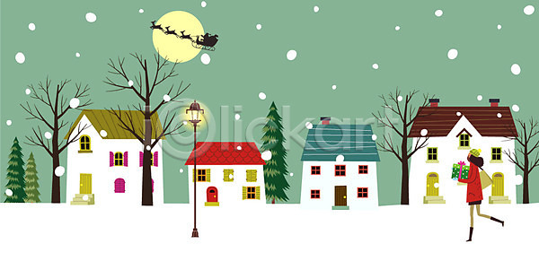 성인 여자 한명 AI(파일형식) 일러스트 가로등 나무 눈 달 루돌프 마을 선물상자 썰매 야간 야외 전신 주택 크리스마스 크리스마스선물