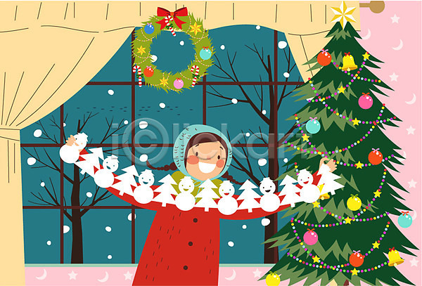 어린이 여자 한명 AI(파일형식) 일러스트 나무 눈 눈사람 실내 창문 커튼 크리스마스 크리스마스장식 크리스마스트리