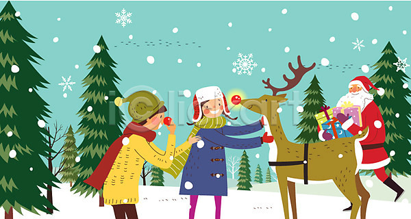 남자 성인 세명 어린이 여자 AI(파일형식) 일러스트 나무 눈송이 루돌프 산타클로스 선물상자 야외 주간 크리스마스 크리스마스선물