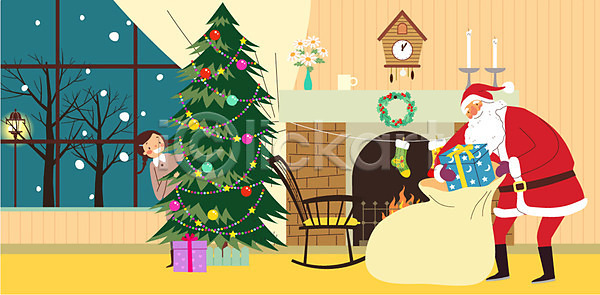 남자 두명 성인 어린이 여자 AI(파일형식) 일러스트 가로등 꽃병 나무 벽난로 벽시계 보따리 산타클로스 선물상자 실내 의자 창문 촛불 크리스마스 크리스마스선물 크리스마스양말 크리스마스장식 크리스마스트리