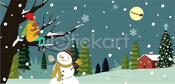 어린이 여자 한명 AI(파일형식) 일러스트 곰인형 눈 눈사람 달 루돌프 썰매 야간 야외 주택 크리스마스 크리스마스장식 크리스마스트리