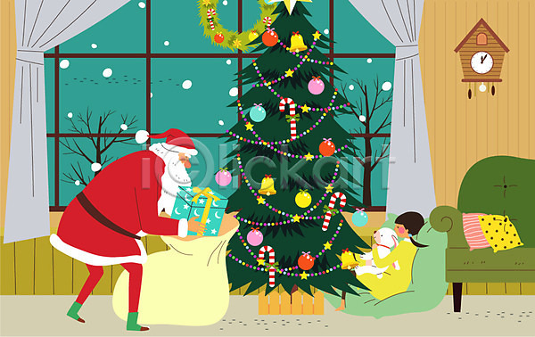 남자 두명 성인 어린이 여자 AI(파일형식) 일러스트 눈 벽시계 보따리 산타클로스 선물상자 소파 실내 창문 커튼 크리스마스 크리스마스선물 크리스마스장식 크리스마스지팡이 크리스마스트리