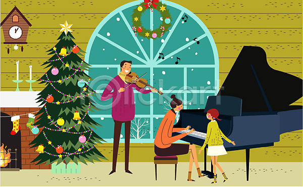 남자 성인 세명 어린이 여자 AI(파일형식) 일러스트 가족 건반 눈 바이올린 벽난로 실내 악기 연주 음표 창문 초 촛대 크리스마스 크리스마스양말 크리스마스장식 크리스마스트리 피아노(악기)