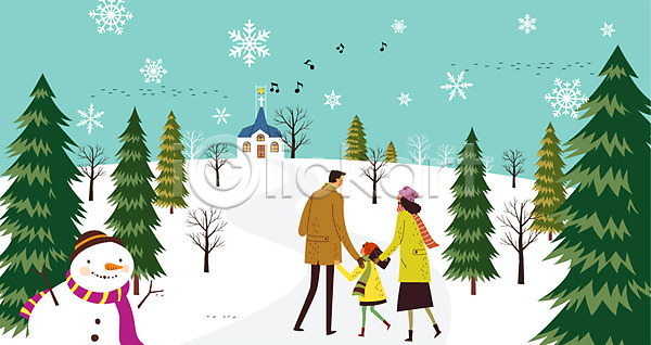 남자 성인 세명 어린이 여자 AI(파일형식) 일러스트 가족 교회 나무 눈사람 눈송이 야외 음표 주간 크리스마스