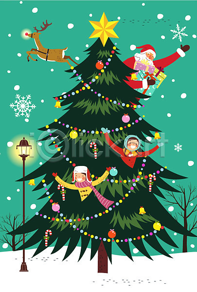 남자 성인 세명 어린이 여자 AI(파일형식) 일러스트 가로등 나무 눈송이 루돌프 산타클로스 선물상자 크리스마스 크리스마스선물 크리스마스양말 크리스마스장식 크리스마스지팡이 크리스마스트리