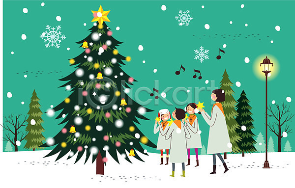 남자 성인 어린이 여러명 여자 AI(파일형식) 일러스트 가로등 나무 노래 눈송이 별 야간 야외 음표 캐럴 크리스마스 크리스마스장식 크리스마스캐롤 크리스마스트리
