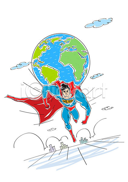 남자 성인 한명 AI(파일형식) 일러스트 구름(자연) 달리기 빌딩 슈퍼맨 슈퍼맨의상 영웅 지구