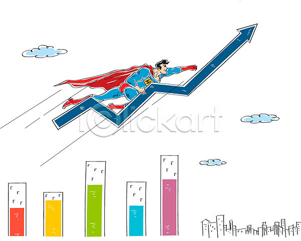 상승 남자 성인 한명 AI(파일형식) 일러스트 구름(자연) 막대그래프 빌딩 슈퍼맨 슈퍼맨의상 영웅 화살표