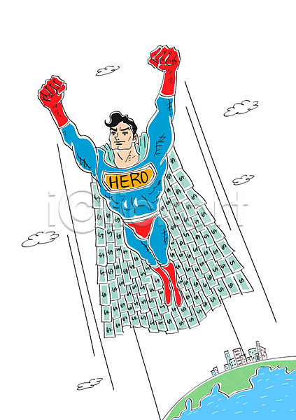 남자 성인 한명 AI(파일형식) 일러스트 경제 구름(자연) 달러 빌딩 슈퍼맨 슈퍼맨의상 슈퍼맨포즈 영웅 지구모양 지폐