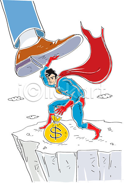 남자 성인 신체부위 한명 AI(파일형식) 일러스트 달러 돈자루 발 버티다 수비 슈퍼맨 슈퍼맨의상 영웅 화폐기호