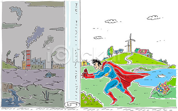환경오염 남자 성인 한명 AI(파일형식) 일러스트 공장 구름(자연) 꽃 슈퍼맨 슈퍼맨의상 연기 영웅 오염 종이배 주택 풍력에너지 환경