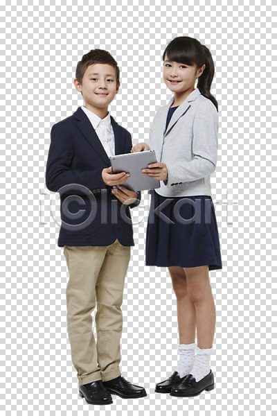 10대 남자 동양인 두명 소녀(어린이) 소년 십대만 여자 일본인 PNG 앞모습 편집이미지 들기 미소(표정) 서기 전신 태블릿 편집 편집소스