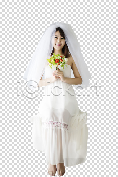 행복 20대 동양인 성인 성인여자한명만 여자 한국인 한명 PNG 앞모습 편집이미지 결혼 드레스 들기 면사포 부케 신부(웨딩) 앉기 전신 편집 편집소스