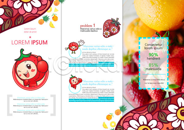 사람없음 PSD 템플릿 3단접지 과일캐릭터 꽃무늬 내지 딸기 리플렛 북디자인 북커버 비타민(영양소) 오렌지 출판디자인 팜플렛 편집 표지디자인