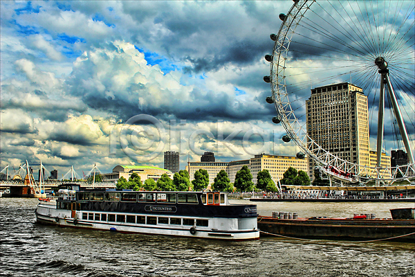 사람없음 JPG 포토 해외이미지 강 건물 구름(자연) 나무 도시 런던 물 바퀴 시력 야외 여름(계절) 잉글랜드 자연 초록색 컬러풀 파노라마 파란색 풍경(경치) 해외202004