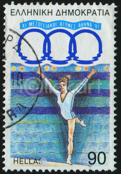 성인 성인여자한명만 여자 한명 JPG 포토 해외이미지 기념물 리듬체조 리듬체조선수 만세 올림픽 우표 전신 파란색 해외202004