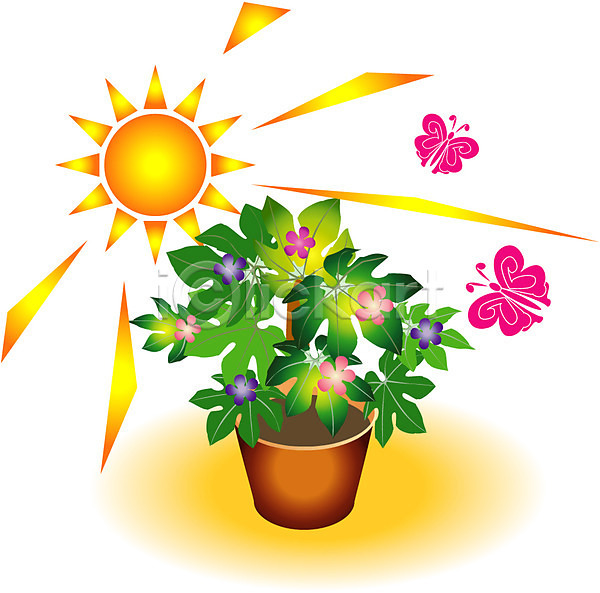 사람없음 EPS 일러스트 계절 곤충 꽃 나비 두마리 봄 봄꽃 식물 자연 절지류 클립아트 태양 해 햇빛 화분