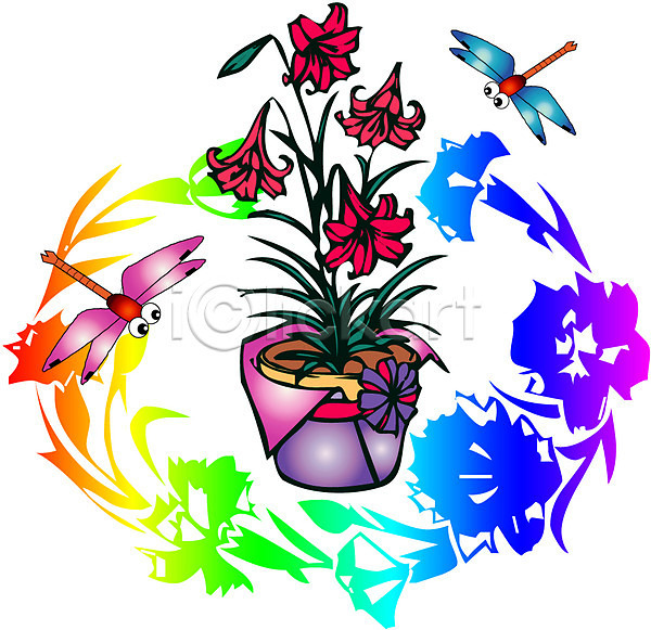 사람없음 EPS 일러스트 계절 곤충 꽃 두마리 백합(꽃) 봄 식물 여름꽃 자연 잠자리 절지류 클립아트 화분