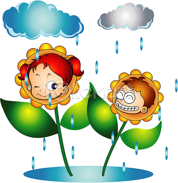 두명 사람 소녀(어린이) 소년 어린이 어린이만 일러스트 계절 구름(자연) 꽃 날씨 머리 봄 비(날씨) 비구름 빗물 빗방울 식물 얼굴 자연 자연요소 클립아트